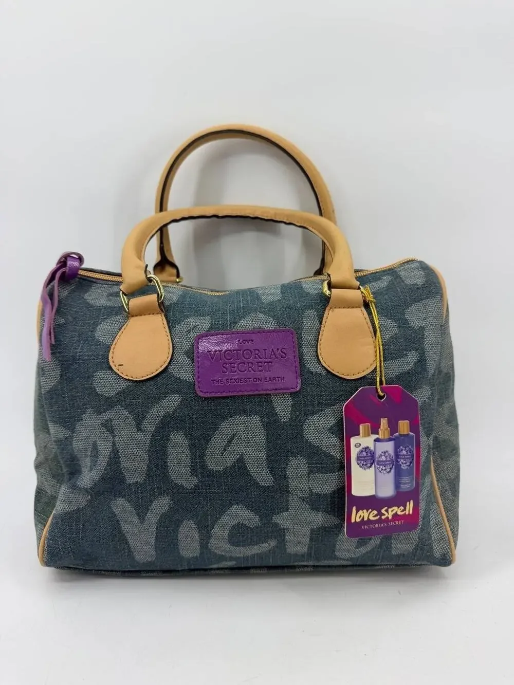 Victoria's Secret Love Spell Denim Logo Satchel Handbag Blue Purple